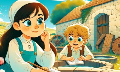 A 12-year-old girl named Mira, with long brown hair and sparkling curious eyes, is sitting on the stone wall of an old washhouse. She has a thoughtful expression and a slight smile on her face, holding a sketchbook in her hands. Next to her, a 10-year-old boy with messy blond hair and freckles is carefully observing a small map he has drawn, sitting on the ground beside her. The washhouse is a charming place, with stone basins filled with clear water, surrounded by wildflowers and old walls covered in ivy. The sky is a bright blue, dotted with fluffy white clouds, and the sun shines gently, creating a peaceful atmosphere. Mira and the boy exchange ideas about their dreams and questions, while the water in the basins softly murmurs, adding a soothing melody to their conversation.
