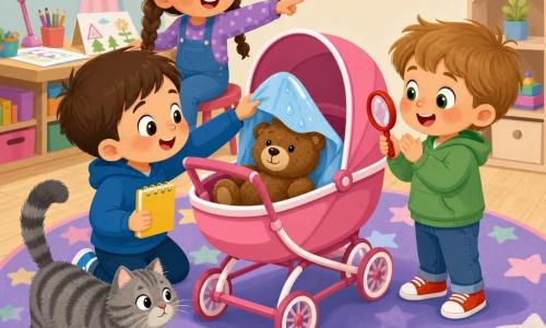 Há quatro personagens: Tomás, menino de ~3 anos, cabelos castanhos curtos, ajoelhado à esquerda do grande carrinho, segurando um pequeno caderno amarelo e levantando delicadamente uma toalha úmida; Rui, menino de ~3 anos, cabelos castanho-claro, em pé à direita do carrinho com uma lupa vermelha, aplaudindo sorrindo para o ursinho; Ana, menina de ~7 anos, cabelos longos e trançados, sentada perto de uma mesa de desenho, apontando alegremente para o carrinho; Bolinha, gato cinzento às riscas, pelagem felpuda, sentado num pequeno tapete junto ao carrinho com a cauda erguida e olhar curioso para o ursinho. Local: quarto de brincar luminoso com chão de madeira clara, tapete colorido com estrelas, prateleiras baixas com blocos e carros e uma grande janela que deixa entrar um raio de sol; pequenas gotas brilham na toalha sobre o carrinho. Situação: os dois pequenos investigadores descobriram um ursinho marrom de pelúcia escondido sob uma toalha húmida num grande carrinho rosa; vêem-se gotas brilhantes, um caderno aberto com desenhos simples e uma lupa em primeiro plano; ambiente suave, expressões surpresas e alegres, cores pastel e formas arredondadas, composição centrada no carrinho e nas crianças.