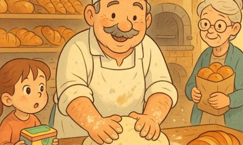 Um padeiro de rosto redondo e bigode grisalho, sorriso caloroso e olhos cintilantes, veste um avental branco salpicado de farinha e amassa uma grande bola de massa sobre uma mesa de madeira, mãos enfarinhadas e mangas arregaçadas; à esquerda, uma menina de cerca de 7 anos, cabelo castanho em rabo de cavalo, olhar maravilhado, segura uma lancheira colorida e observa o pão quente; à direita, uma idosa de cerca de 70 anos, cabelo prateado em coque e óculos redondos, sorri suavemente segurando um saco de papel com brioches junto à vitrine; fundo com padaria acolhedora, prateleiras de madeira cheias de pães dourados e croissants, um grande forno antigo de tijolos com porta metálica entreaberta, luz dourada matinal por uma janela embaçada, partículas de farinha no ar, atmosfera quente e íntima, foco no gesto de amassar, expressões alegres, estilo banda desenhada suave, traços nítidos, paleta pastel quente, alta resolução.