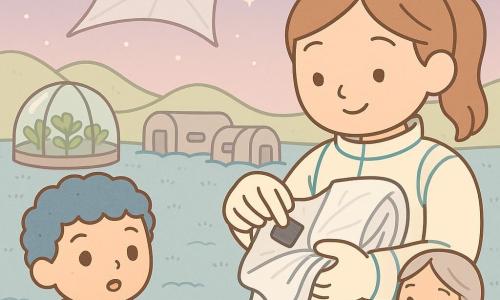 O exploratoare zâmbitoare și senină, păr șaten deschis prins în coadă, în costum spațial crem cu cusături turcoaz, ține o pânză solară argintie pliată și fixează un patch negru din nanofibră; lângă ea, la stânga, un băiat de circa 8 ani cu păr creț prăfuit de sol albastru, în salopetă verde, o privește uimit; în spate, o femeie de ~60 de ani cu păr gri împletit și palton maro deschis întinde mâinile spre o grămadă de semințe și zâmbește, lângă sera din fundal; totul are loc într-o colonie nouă pe o câmpie domoală de mușchi albastru și dune verzi pal, cu sere rotunde de sticlă, module metalice reciclate, un cer violet pal presărat cu stele și o vele solară strălucitoare deasupra; scena arată repararea calmă a unei vele solare înconjurată de localnici primitori, atmosferă caldă, culori pastel, forme rotunjite.