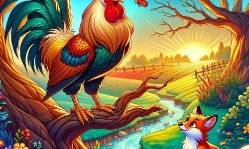 A majestic rooster with golden and red feathers, determined eyes, and a slight smile stands proudly on a branch of an old oak tree. Next to him, a small fox with bright eyes and a reddish coat, trembling with excitement, admires the rooster. In the background, a sparkling stream winds through a field of wildflowers, where colorful butterflies dance in the air. The scene takes place at sunrise, bathing the landscape in soft, golden light. The rooster, ready to help the fox trapped in the bushes, spreads his wings courageously, while the hopeful fox waits for his assistance with a confident look.