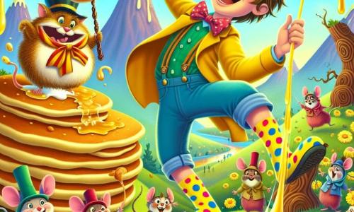 An 11-year-old boy named Oliver, with messy hair and sparkling curious eyes, wears mismatched socks: one yellow with blue polka dots and one green striped with pink. He bursts out laughing, arms raised, as he dances on a mountain of giant pancakes, surrounded by syrup flowing like a golden waterfall. Beside him, Sir Snickerdoodle, a fluffy little creature with big round eyes and a top hat, joyfully twirls in the air, laughing with Oliver. Nearby, a group of mice in colorful capes, cheese thieves, slide on the syrup, their faces showing surprise and amusement. The setting is an enchanted valley, where pancake mountains rise under a bright blue sky dotted with candy-shaped clouds. Chocolate-trunked trees and singing flowers add a touch of magic to this whimsical scene. The main action shows Oliver and Sir Snickerdoodle dancing and laughing while the mice slide and try to join them, creating a joyful and absurd atmosphere full of bright colors and smiles.