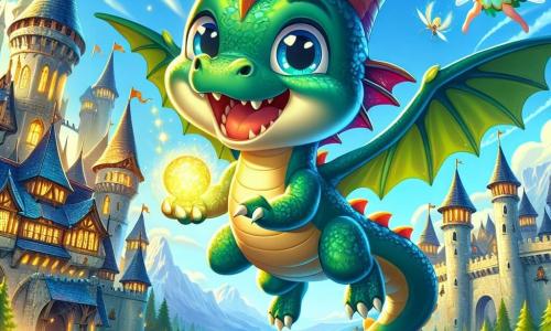 Zico, um pequeno dragão com escamas verdes brilhantes, grandes olhos curiosos e um sorriso travesso, voa alegremente no céu azul acima de um majestoso castelo medieval. Ele despliega suas asas coloridas iluminadas pelo sol, cheio de excitação e determinação. Ao seu lado, Fina, uma fada com asas douradas cintilantes, flutua no ar com um olhar encorajador e um sorriso caloroso, segurando uma pequena esfera luminosa nas mãos. O castelo ao fundo é cercado por torres elegantes, bandeiras tremulando e jardins floridos, enquanto uma floresta densa se estende no horizonte. A cena captura o momento em que Zico se prepara para enfrentar o dragão maligno Grizor, que ruge com raiva, suas escamas escuras e ameaçadoras contrastando com a luz alegre de Zico e Fina.