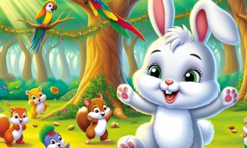 En el centro de la imagen, un pequeño conejo llamado Osito, con un pelaje suave y blanco, grandes orejas caídas y ojos chispeantes de travesura, baila alegremente bajo un gran árbol. Tiene una amplia sonrisa en su rostro, mostrando su entusiasmo y alegría. A su derecha, un loro colorido llamado Lolo, con plumas verdes, amarillas y rojas, está posado en una rama, cantando con entusiasmo. Sus ojos brillan de emoción y agita sus alas como si quisiera unirse a la danza. A la izquierda, un grupo de ardillas traviesas, con colas esponjosas y ojos pícaros, se afanan en decorar el suelo con hojas y nueces, riendo y divirtiéndose. Están haciendo guirnaldas, añadiendo un toque festivo a la escena. El decorado es un magnífico claro soleado, rodeado de majestuosos árboles con hojas verdes brillantes, con flores coloridas que añaden magia al entorno. La situación principal muestra a Osito y sus amigos en plena fiesta de baile, los árboles a su alrededor parecen moverse al ritmo de la música, creando una atmósfera alegre y lúdica, llena de risas y felicidad.