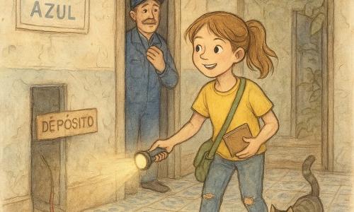 Uma menina de 10 anos, sorridente e determinada, cabelo castanho-claro em rabo, camiseta amarela e jeans surrado, segura uma pequena lanterna acesa e um caderno; ela tem olhos vivos, joelhos arranhados e uma pequena bolsa verde de exploradora. Perto de uma porta de serviço do antigo hall chamado 
