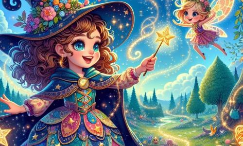 Clara, uma aprendiz de bruxa de dez anos, está no centro do palco, com cabelos cacheados e olhos brilhantes como estrelas. Ela usa um vestido de bruxa colorido, decorado com padrões de luas e estrelas, e segura uma varinha mágica cintilante, com um rosto que expressa uma determinação alegre enquanto prepara um feitiço. Ao seu lado, Lila, uma pequena fada com asas cintilantes, voa ao seu redor. Ela tem cabelos dourados e usa um vestido feito de pétalas de flores, sorrindo entusiasticamente, pronta para ajudar em sua missão. Ao fundo, vê-se a floresta encantada, com árvores majestosas e folhas de cores vibrantes, flores luminosas e um céu azul claro com nuvens suaves. A cena principal mostra Clara e Lila reunindo ingredientes mágicos para quebrar uma maldição, cercadas por uma aura de magia e luz, enquanto pequenas criaturas encantadas as observam com curiosidade.