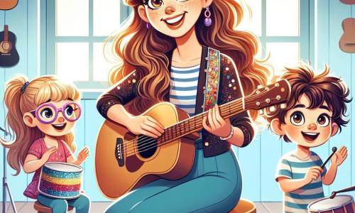 Luna, een vrolijke vrouw met lange golvende kastanjebruine haren, zit op een houten kruk en speelt gitaar met een grote glimlach op haar gezicht, haar ogen stralend van passie voor muziek. Sam, een meisje van ongeveer 8 jaar met een paardenstaart en kleurrijke brillen, staat naast haar en klapt in haar handen op de muziek, haar gezicht verlicht door opwinding. Max, een jongen van 9 jaar met krullend haar en een gestreepte shirt, zit op de grond met een trommel en kijkt met bewondering naar Luna, klaar om te spelen. De scène speelt zich af in een grote, lichte zaal vol kleurrijke muziekinstrumenten, met lichtblauwe muren en ramen die zonlicht binnenlaten, wat een warme en uitnodigende sfeer creëert. Luna leert de kinderen samen muziek maken, en ze hebben plezier met spelen en zingen, waardoor de ruimte gevuld wordt met vreugde en energie, allemaal verenigd door hun liefde voor muziek.