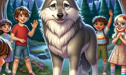 En el centro de la imagen, el Gran Lobo Malo, un gran lobo gris con pelaje sedoso y ojos brillantes, tiene una expresión triste, mirando hacia abajo. A su derecha, Lucas, un niño de 10 años con cabello castaño desordenado y una camiseta roja, levanta una mano para animarlo. A su izquierda, Sofía, una niña de 9 años con cabello largo y rubio, lleva gafas y sostiene un cuaderno, observando al Lobo con curiosidad. Detrás de ellos, Clara, una niña de 8 años con dos coletas y un vestido colorido, dibuja al Lobo en su cuaderno, mientras Mateo, un niño de 9 años con una gran sonrisa y pantalones cortos azules, hace un gesto amistoso hacia el Lobo. El escenario es un claro encantado, bañado por la luz de la luna, rodeado de grandes árboles con hojas verdes y doradas. Flores coloridas crecen alrededor, y un pequeño arroyo brilla al fondo, añadiendo un toque de magia a la escena. La situación principal muestra el momento en que los niños, unidos alrededor del Lobo, deciden ayudarlo a encontrar a su amigo perdido, el pequeño conejo Rocco. Todos muestran expresiones de determinación y compasión, ilustrando que la amistad puede superar los miedos y prejuicios.