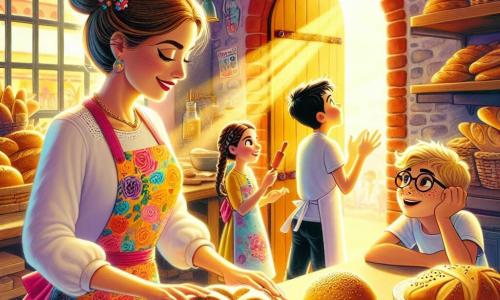 Clara, una mujer de unos treinta años, sonriente y llena de energía, se encuentra en el centro de la panadería. Tiene el cabello largo y castaño recogido en un moño, lleva un delantal colorido con motivos de panes y pasteles, y está moldeando una bola de masa en forma de corazón con sus manos. A su lado, Ana, una niña de 8 años con cabello rubio y rizado, observa con ojos asombrados, sosteniendo un pequeño rodillo. Pablo, un niño de 7 años con gafas y pecas, amasa la masa con entusiasmo, mientras que Miguel, un niño de 9 años con cabello negro y liso, mira el horno con curiosidad, impaciente por ver el pan dorado. La panadería es cálida y acogedora, con paredes de ladrillo rojo, estanterías llenas de panes dorados y pasteles coloridos, y una gran ventana que deja entrar la luz del sol. El aire está impregnado de un dulce aroma a pan y miel. La escena principal muestra a Clara y los niños creando juntos un pan en forma de corazón, llenos de alegría y emoción, mientras un horno al fondo irradia un suave calor.