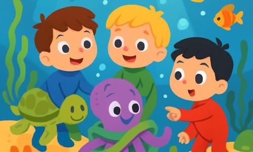 Hay 3 personajes: Leo, un niño de 3 años con cabello castaño y ojos brillantes, lleva un traje de buceo azul y sonríe alegremente mientras sostiene la mano de una octopús. Manu, un niño de 3 años con cabello rubio y ojos claros, lleva un traje de buceo verde y observa maravillado a los peces de colores que nadan a su alrededor. Nico, un niño de 3 años con cabello negro y ojos curiosos, lleva un traje de buceo rojo y señala al pulpo que danza bajo el agua. La escena se desarrolla en un jardín submarino mágico, lleno de algas ondulantes y corales multicolores, con peces brillantes que iluminan el agua. Los niños ayudan a un pulpo colorido enredado en algas, trabajando juntos para liberarlo mientras burbujas de aire flotan a su alrededor, creando una atmósfera alegre y amistosa.