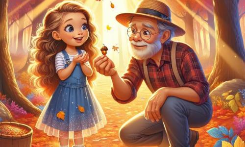 Una niña de 8 años, con largos cabellos rizados y ojos brillantes de curiosidad, se encuentra en el centro de un claro soleado, rodeada de hojas doradas y rojas de otoño que caen suavemente a su alrededor. Sonríe con asombro, sosteniendo una pequeña bellota dorada en su mano, iluminada por los rayos del sol. A su lado, su abuelo, un hombre mayor con barba gris y gafas redondas, está agachado recogiendo hojas de colores, con una sonrisa bondadosa en el rostro. Lleva una camisa a cuadros y un sombrero de paja, añadiendo un toque rústico a la escena. El lugar es un hermoso bosque de otoño, con árboles majestuosos de follaje brillante, un tapiz de hojas crujientes en el suelo y rayos de sol filtrándose a través de las ramas, creando una atmósfera mágica y cálida. La situación principal muestra a la niña maravillada por el descubrimiento de la bellota dorada, simbolizando la magia del otoño, mientras su abuelo comparte con ella historias sobre la naturaleza, fortaleciendo su vínculo familiar en este entorno encantador.