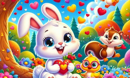 Un pequeño conejo blanco llamado Leo, con grandes orejas suaves y ojos chispeantes de alegría, está sentado bajo un majestuoso árbol, rodeado de flores brillantes. Sonríe ampliamente, sosteniendo una tarjeta de San Valentín decorada con corazones brillantes. A su lado, una ardilla marrón llamada Sofía, con una pequeña pareja de gafas redondas, sube a una rama, con los ojos muy abiertos de emoción, sosteniendo una nuez en sus patas. No muy lejos, un pato amarillo llamado Tomás nada alegremente en un estanque brillante, salpicando agua con sus alas y mostrando una gran sonrisa. El parque está lleno de flores coloridas, árboles verdes y un cielo azul claro salpicado de nubes esponjosas. Leo y sus amigos celebran alegremente el Día de San Valentín, rodeados de confeti en forma de corazones que flotan en el aire, creando una atmósfera festiva y cálida.