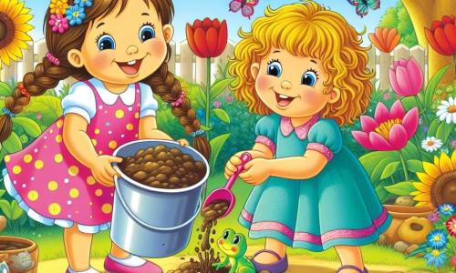 In un giardino soleggiato, due bambine di 5 anni, Nina e Lila, giocano insieme. Nina, con capelli castani e trecce, indossa un vestito rosa a pois bianchi e sorride tenendo un secchiello di plastica. Lila, con capelli biondi ricci, è vestita con una tunica blu e un pantaloncino giallo, ride mentre aggiunge terra nel secchiello. Il giardino è pieno di fiori colorati: tulipani rossi, margherite bianche e girasoli giganti che ondeggiano nel vento. Farfalle multicolori volano intorno a loro, aggiungendo un tocco magico alla scena. Sullo sfondo, un grande albero offre ombra e un piccolo prato verde invita a divertirsi. Le due amiche stanno preparando una "torta di fango" nel loro secchiello, mescolando terra e acqua con un bastone. Improvvisamente, una piccola rana verde salta fuori da un cespuglio, facendole urlare di sorpresa e ridere, creando un momento gioioso e divertente nel loro gioco.