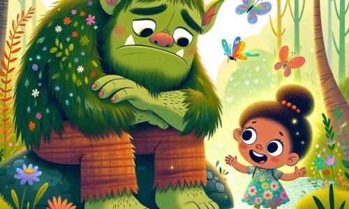 A large green ogre named Grumble, with moss-covered skin and sad eyes, sits on a rock by a swamp. He looks around with a melancholic expression, his large hands resting on his knees. Next to him is a small girl named Lily, 7 years old, with bright eyes and curly hair, smiling warmly and reaching out to encourage him. She wears a colorful dress with floral patterns. The swamp is a magical place filled with tall grasses dancing in the wind, vibrant flowers, and small bubbles floating on the sparkling water. Colorful butterflies flutter around, adding a touch of magic to the atmosphere. The main scene shows Grumble and Lily working together to gather swamp creatures, joyfully calling the little animals back, creating a sense of camaraderie and hope.