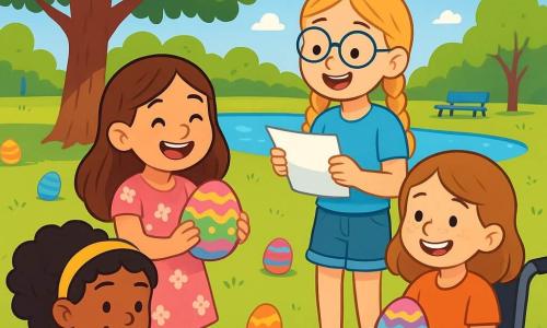 Hay 4 niños: - Lucía: una niña de 8 años, con largos cabellos castaños y ojos brillantes. Lleva un vestido rosa con flores y sostiene un huevo de Pascua colorido en sus manos. - Marta: una niña de 9 años, con trenzas rubias y gafas redondas. Lleva una camiseta azul y un short de mezclilla, y lee un poema con una gran sonrisa. - Elena: una niña de 8 años, con cabellos negros rizados y una diadema amarilla. Lleva una falda verde y sandalias, y se agacha para buscar un huevo escondido bajo un árbol. - Sofía: una niña de 7 años, con cabellos castaños y pecas. Está sentada en su silla de ruedas, rodeada de sus amigas, sonriendo mientras sostiene un huevo de Pascua decorado. La escena tiene lugar en un parque soleado, lleno de grandes árboles con flores blancas, cerca de un lago brillante. Hay bancos coloridos alrededor del parque y huevos de Pascua multicolores escondidos en la hierba verde y bajo las ramas. El cielo es azul con algunas nubes blancas esponjosas. La situación principal muestra a las cuatro amigas en plena búsqueda de huevos de Pascua, riendo y ayudándose alegremente. Lucía y Elena buscan bajo el gran árbol, mientras Marta lee el poema en voz alta, y Sofía sonríe observando a sus amigas, creando una atmósfera de felicidad y amistad.