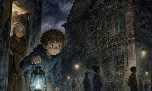 Un niño de 12 años, rostro redondo, cabello castaño despeinado, piel clara con pecas y ojos grandes e inquietos, sostiene una vieja linterna de metal con vidrio azul que emite un brillo tenue y tembloroso; avanza con pasos cautelosos, el cuerpo ligeramente inclinado hacia adelante. Detrás de la puerta entreabierta de su casa, la abuela Inés (unos 70 años), con el pelo gris recogido en un moño, piel arrugada pero cálida y un chal marrón, la observa con cariño y preocupación. Al fondo, la Casa del Susurro, vieja y angulosa, tejas rotas, volets verdes desvaídos y ladrillos cubiertos de hiedra ocupa la esquina derecha. La acera mojada refleja la luz azul en los adoquines; farolas débiles y cables trazan líneas diagonales en el cielo nublado. El niño ilumina la entrada buscando una sombra furtiva; la luz revela siluetas alargadas y polvo en suspensión, creando una atmósfera misteriosa y algo inquietante.