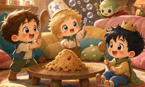 Quattro personaggi: tre bambini di 3 anni—Tito, moro con guance rotonde e grande sorriso a sinistra che tiene un grande cucchiaio di legno come spada; Lillo, biondo spettinato al centro con una tazza di carta in testa che soffia bolle; Pino, capelli neri con una piccola corona di carta a destra seduto sul tappeto che batte il piedino ridendo e brandendo un altro cucchiaio come scettro—e un minuscolo folletto verde pallido chiamato Fol con sciarpa rossa che spunta dietro un cuscino tenendo una minuscola chiave brillante. Ambientazione: salotto caldo con grande tappeto colorato a stelle e righe, tavolino in legno chiaro con una grossa briciola simile a una montagna al centro, cuscini morbidi e luce solare dolce dalla finestra. Situazione: i bambini giocano a fare finta, bolle di sapone iridescenti fluttuano ovunque, una grande bolla porta la chiave e scende verso la briciola-montagna, atmosfera fiabesca e divertente con colori pastello vivaci ed espressioni di meraviglia e complicità.