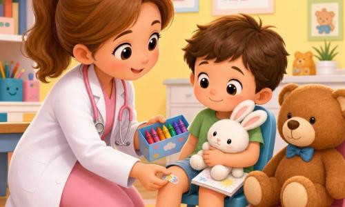 La dottoressa è una donna sorridente e dolce, volto rotondo, capelli castano chiaro raccolti in coda, indossa un camice bianco e uno stetoscopio rosa, è inginocchiata mentre applica delicatamente un piccolo cerotto decorato e porge a Leo una scatola di pastelli multicolori; Leo, circa 5 anni, capelli castani corti, ginocchio con un piccolo cerotto colorato, sorride timidamente e tiene un foglio da disegno sulle ginocchia seduto su una piccola sedia; il peluche Orso è un grande orsacchiotto marrone sulla sedia accanto e il peluche Coniglio è un piccolo coniglietto bianco sulle ginocchia di Leo; la stanza è una pediatria luminosa con pareti giallo pastello con disegni di animali, una grande finestra che lascia entrare una luce soffusa, una mensola con pastelli e scatole di colori e un tappeto rotondo colorato.