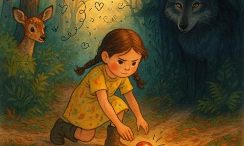 An 8-year-old girl, brave and focused, with determined rosy cheeks and brown hair in two braids, wears a paint‑splattered yellow dress and muddy boots as she places a shiny red stone at a forest path junction; a large grey wolf with amber eyes and textured fur emerges motionless from a dark thicket behind, watching her with curious reserve; a shy spotted fawn stands left behind a mossy bush with ears pricked; late‑afternoon woodland setting with interlaced trees, rough trunks, ferns, orange leaf litter and slanting sunbeams; mood: tender, suspenseful confrontation—warm oranges, reds and golds contrasted with bluish shadows, wood and moss textures, and small childlike doodles (arrows, stars, leaves) around the characters.