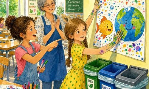 Lina, 10 Jahre, lächelnd und konzentriert, hellbraune Haare zu zwei Zöpfen, gelbes Kleid mit grünen Punkten, klebt ein großes buntes Poster bei den Recyclingbehältern; ihre Hände sind mit Farbflecken bedeckt; Yasmin, 10 Jahre, begeistert, dunklere Haut, lockiges Haar zum Dutt, hält Filzstifte und zeigt, wo ein Bild hin soll, links von Lina, einen Schritt nach vorn; Frau Engel, Lehrerin ~40, wohlwollend, graue Haare zusammengebunden, trägt eine blaue Schürze, klatscht leise und steht hinter den Kindern am Buffet; die Schulkantine ist hell mit großen Fenstern, Holztischen, gefliesten Böden, grünen/blauen/grauen Behältern in Reihe und bereits aufgehängten bunten Plakaten; Szene: die beiden Mädchen kleben pädagogische Poster zum Trennen und zeichnen einen lächelnden Fisch und eine fröhliche Erde, Farbspritzer drumherum, fröhliche, lebhafte Stimmung; Stil: klare Tuschelinien, leuchtender Aquarell-Wash, lebhafte Palette (Gelb, Blau, Grün, Rosa), Papiertextur und kleine Farbspritzer sichtbar; Komposition zentriert auf Lina, Halbnahe, kindliche Perspektive.