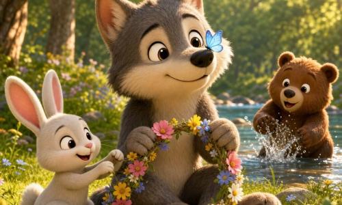 Little Wolf is the main character: a young wolf with round bright eyes and soft gray fur with cream streaks, calm content expression, sitting and holding a wildflower garland in tender warm posture. Rabbit is a secondary character: small white rabbit with large pink ears and a joyful smile, crouched close to the left of Little Wolf helping braid the garland. Little Bear is another secondary: chubby brown cub with a marveling face, gently splashing water in a stream at the right background with sparkling droplets. A pale blue butterfly rests on Little Wolf’s nose, delicate translucent wings and playful look. The setting is a sunny clearing with lush green grass, colorful flowers, gentle-trunked trees and golden light filtering through leaves, and a clear stream reflecting the sky. Scene: a peaceful, intimate moment as friends make a flower garland by the river; warm colors, soft contrasts, plush textures and a composition centered on their warm faces and the bright garland.