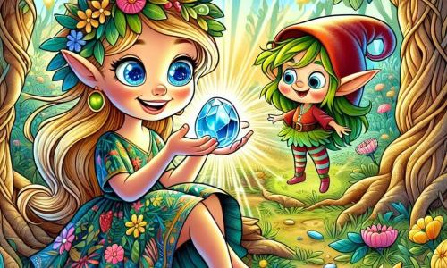 Una niña de 6 años llamada Luna está en el centro de la escena. Tiene largos cabellos dorados que brillan al sol, ojos azules llenos de emoción y una gran sonrisa. Lleva un vestido colorido con motivos de flores y sandalias. Luna sostiene una piedra azul brillante en sus manos, maravillada por su belleza. Junto a ella, un pequeño duende llamado Pipo, de unos 100 años pero de tamaño diminuto, sonríe alegremente. Lleva un sombrero rojo y una túnica de hojas, y flota ligeramente sobre el suelo, listo para acompañar a Luna en su aventura. El escenario es un bosque encantado, lleno de árboles retorcidos, flores multicolores que bailan al viento y rayos de sol que filtran a través del follaje, creando una atmósfera mágica. Luna y Pipo descubren la piedra mágica en el bosque, rodeados de la belleza de la naturaleza, listos para comenzar su aventura hacia la misteriosa Isla de los Sueños.
