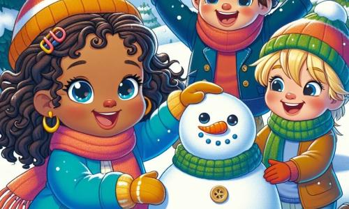Una bambina di 5 anni, di nome Lilly, con lunghi capelli ricci e occhi scintillanti di gioia, sta giocando nella neve. Indossa un cappotto blu vivo, un berretto rosso e guanti gialli, e ride mentre costruisce un pupazzo di neve, con le braccia alzate in segno di vittoria. Accanto a lei, il suo amico Marco, un ragazzo di 6 anni con capelli castani disordinati e un sorriso splendente, sta rotolando una grande palla di neve per il pupazzo. Indossa una sciarpa verde e un cappotto nero. Sofia, un'altra amica di 5 anni con capelli biondi intrecciati e guance rosa, sta decorando il pupazzo di neve con una carota per il naso e bottoni di pietra. Si trova proprio accanto a Lilly, condividendo il suo entusiasmo. Il luogo è una collina innevata, circondata da alberi coperti di neve scintillante, sotto un cielo blu chiaro punteggiato di nuvole bianche. La scena principale mostra Lilly e i suoi amici mentre costruiscono un pupazzo di neve, ridendo e divertendosi insieme, godendosi la magia dell'inverno.