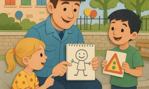 Un poliziotto sui trent'anni, sorridente e gentile, capelli castani corti, giacca azzurro chiaro con fascia bianca, seduto sul bordo del marciapiede con postura aperta, mostra su un piccolo taccuino a spirale un disegno a due bambini; una bambina di circa 7 anni, capelli biondi a duecodini, vestito giallo a pois rossi, seduta a sinistra e meravigliata indica il disegno; un bambino di circa 6 anni, capelli neri e maglietta verde, in piedi a destra mostra al poliziotto un piccolo segnale colorato di carta; sullo sfondo una scuola bassa in pietra con persiane colorate, una fila di alberi con foglie verdi, pavé lucidi, una panchina in legno e alcuni palloncini appesi a una grata; scena luminosa in colori pastello vivaci, texture da carta ritagliata, contorni netti, ombre morbide, atmosfera calda e tranquilla di condivisione e apprendimento.