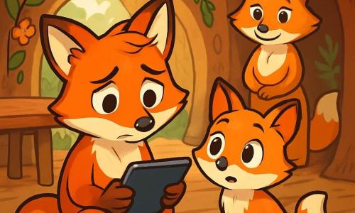 Max the fox, with his shiny red fur and big curious eyes, sits on a green moss cushion, looking pensive and a bit sad, holding his tablet in his paws. Next to him, Ollie the little brother, a young fox with white spots on his belly, gazes at the tablet with wonder but also a bit of worry, sitting on the wooden floor. In the background, Mrs. Fox, their mother, with golden-brown fur and a gentle smile, stands near the wooden table, watching her sons with a concerned expression. The scene takes place in a warm fox den, with earthen walls and decorations of leaves and flowers. Soft light filters through the entrance, creating a welcoming atmosphere. Realizing he has spent too much time on his screen, Max looks around, wondering how to regain the joy of playing outside with his family.