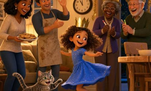 A joyful 4-year-old girl with curly light brown hair, bright eyes, wearing a twirling blue dress, red socks and a gold paper crown dances center stage doing 