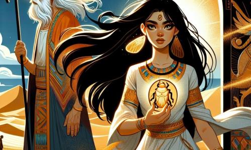 Al centro dell'immagine, Nefertari, una giovane donna di circa 20 anni, si erge fiera, i suoi lunghi capelli neri fluttuano nel vento come onde notturne. I suoi occhi brillano di una determinazione ardente, mentre brandisce un amuleto a forma di scarabeo scintillante nella mano. Indossa un abito di lino bianco, decorato con motivi dorati, che evoca saggezza e forza. Accanto a lei, un uomo anziano di circa 60 anni, un nomade con la barba bianca, osserva con ammirazione. È vestito con una tunica colorata e tiene un bastone da passeggio, pronto ad aiutarla nella sua ricerca. Sullo sfondo, un paesaggio desertico si estende a perdita d'occhio, con dune dorate sotto un cielo blu splendente. Il sole brilla intensamente, proiettando ombre lunghe e misteriose. La scena rappresenta il momento cruciale in cui Nefertari si prepara ad affrontare il titan che si risveglia, una creatura colossale che emerge dalla terra, provocando vibrazioni nel suolo. L'atmosfera è carica di tensione e magia, illustrando il combattimento tra il coraggio di Nefertari e la minaccia del titan.