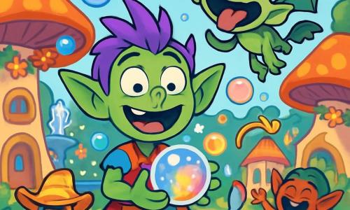 Plink, a young goblin with green skin and spiky purple hair, stands at the center of the scene, eyes wide with surprise and a big smile on his face. He wears colorful patchwork clothing and holds a sparkling magic orb in his hands, surrounded by floating multicolored bubbles. To his right, Snaggle, a frog-bat goblin with shimmering wings and a green tongue, joyfully flies in the air, laughing heartily. He wears a party hat that slips off his head, adding a comedic touch to the scene. The backdrop is a lively square in Mossy Nook, with giant mushroom umbrellas, colorful dancing creatures, and bubbling fountains. Flower and lantern garlands illuminate the environment, creating a festive and joyful atmosphere. The main situation shows Plink and Snaggle having fun with the magic orb, which has just transformed nearby objects into hilarious things like spaghetti hats and flying spoons, causing laughter among the residents of Mossy Nook.