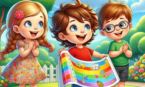A 6-year-old boy, Tommy, with curly brown hair and sparkling blue eyes, joyfully smiles while holding a large colorful poster. He wears a red t-shirt and blue shorts, his expression full of pride and excitement. Next to him, Mia, a 6-year-old girl with long braided blonde hair, looks at the poster with admiration, her eyes shining with curiosity. She wears a colorful floral dress and leans slightly forward, enthusiastic. Jake, a 6-year-old boy with brown hair and glasses, stands behind them, smiling and applauding, dressed in a green t-shirt and black shorts. The scene takes place in a sunny park, with lush green trees and colorful flowers around them. A clear blue sky with a few white clouds adds a joyful touch to the atmosphere. Tommy and his friends are sharing their message about the importance of taking medication to be strong, surrounded by laughter and positive energy.