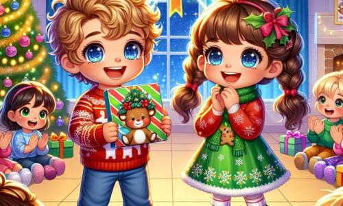 A 4-year-old boy named Max, with curly hair and bright blue eyes, is holding a large colorful Christmas card, his face beaming with joy and excitement. He wears a red sweater with a reindeer pattern and jeans. Next to him is his best friend, Lily, also 4, with long brown hair in braids, smiling in wonder at the card Max gave her. She wears a green dress with snowflake patterns. The scene takes place in a festive classroom decorated with sparkling garlands, colorful Christmas ornaments, and a large illuminated tree in the corner. Christmas drawings are hung on the walls, and tables are covered with gingerbread cookies and small gifts. Max and Lily are at the center of the image, surrounded by their classmates who are clapping and smiling, creating a joyful and warm atmosphere. The main situation shows Max proudly giving his Christmas card to Lily, symbolizing friendship and the magic of Christmas.