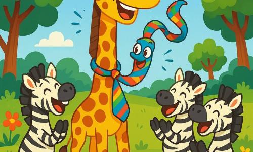 A joyful giraffe named Gerald, with a long spotted neck and a big bright smile, stands in the center of a sunny clearing, surrounded by laughter. Next to him, a playful necktie named Neville twirls around his neck, featuring colorful patterns and sparkling eyes. Amused zebras with their black and white stripes form a circle, laughing and applauding. In the background, lush trees and vibrant flowers add color to the scene, while a clear blue sky brightens everything. Gerald, with his contagious humor, tells a hilarious joke, causing bursts of laughter among the animals around him.