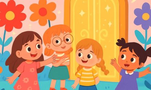 There are four children: Mia, a 6-year-old girl with long brown hair and sparkling eyes, wearing a pink dress with flowers, standing on the left and pointing at a shiny door. Ava, a 5-year-old girl with braided blonde hair and a joyful smile, is next to Mia in a yellow t-shirt and blue shorts, looking curiously at the door. Lily, a 6-year-old girl with red hair and round glasses, wears a green skirt and a striped t-shirt, standing slightly behind Ava with her arms crossed, looking intrigued. Zoey, a 5-year-old girl with black hair in pigtails, wears a purple dress and stands on the right, bouncing with excitement while looking at the door. The setting is a magical garden with bright blue grass and a pastel pink sky, surrounded by giant colorful flowers, with a large sparkling door adorned with golden patterns in front of them. The main scene shows the children, amazed in front of the magical door, holding hands and ready to enter a fantastical world, with expressions of joy and adventure on their faces.