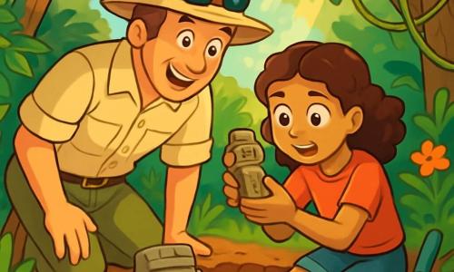 A man in his forties, Dr. Oliver Hawthorne, is leaning over an excavation in the jungle, his face lit up with excitement and curiosity. He wears a straw hat, a beige shirt, and cargo pants, with sunglasses on his forehead. Next to him, a 12-year-old girl, Maria, with curly brown hair, is closely observing a stone figurine she holds in her hands, her eyes wide with wonder. The setting is a dense jungle, with majestic trees, vibrant green leaves, hanging vines, and colorful flowers emerging from the ground. Sunbeams pierce through the foliage, illuminating scattered archaeological tools around them. The main scene shows Oliver and Maria discovering a stone statue, a chacmool, partially buried in the ground, surrounded by brown earth and roots, symbolizing their quest to uncover the secrets of the Maya civilization.