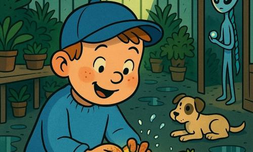 A 6-year-old boy with a round face and freckles, smiling and focused with small dirt-streaked hands, plants a shiny seed in a pot while wearing a light-blue sweater and cap; a knee-high slim alien with a long braid of blue light and round button-like eyes watches from outside a porthole holding a glass bead, calm and kind; Miri, an inch-tall mossy-green furry creature with moist round eyes, stands on the bench applauding and scattering dewdrops; Patch, a small beige dog with a black eye spot, lies relaxed at the greenhouse entrance; the greenhouse is a large rounded-glass structure with a dark damp floor, wooden benches of pots, green light beams from a skylight, puddles and varied plants; the scene is an intimate, luminous moment as the boy plants the magical seed under the skylight, the glass bead glowing, with warm colors and textured details.