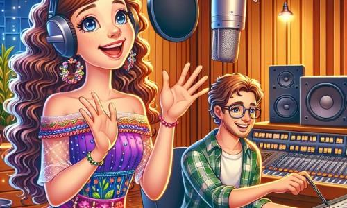 Mira, a smiling young woman with long curly hair and a colorful dress, stands in a warm recording studio. Her eyes shine with excitement and focus as she sings into a microphone, her hands open as if welcoming the music. Next to her, Sam, a man in his thirties with glasses and a plaid shirt, adjusts the buttons on a mixing console, smiling proudly as he admires Mira. The studio is filled with warm wood panels, green plants adding a touch of life, and a large glass panel separating the control room. Colorful cables snake across the floor, and soft lighting creates a welcoming and creative atmosphere. The scene shows Mira joyfully singing, surrounded by the sounds of children's claps resonating through the studio, while Sam adjusts the settings to capture the magic of their musical collaboration.