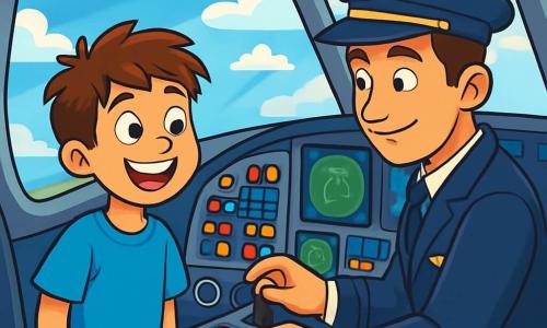 Un băiat tânăr pe nume Andrei, de aproximativ 10 ani, se află în interiorul unui cockpit de avion, cu ochii mari de uimire și bucurie. Are părul castaniu zburlit, un tricou albastru aprins și un zâmbet strălucitor. Lângă el, un pilot adult pe nume Radu, în jur de 30 de ani, poartă o uniformă de pilot albastru închis și o șapcă elegantă. Este concentrat, ajustând instrumentele de zbor, aruncându-i o privire prietenoasă lui Andrei. Cockpitul este plin de butoane colorate, ecrane luminoase și manete, având o vedere spectaculoasă asupra unui cer albastru azur prin parbriz, presărat cu nori albi pufoși. În fundal, se zărește solul care se îndepărtează, cu case miniaturale și drumuri sinuoase. Situația principală arată cum Andrei și Radu sunt în zbor, cu Andrei descoperind emoția de a zbura pentru prima dată, simțind o combinație de fericire și aventură.