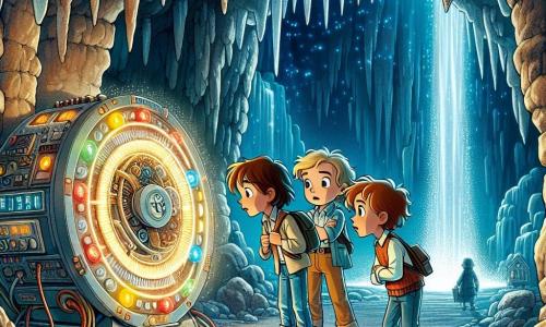 Em uma caverna misteriosa, três amigos se reúnem, iluminados pela luz de uma máquina do tempo. Miguel, um garoto de 10 anos com cabelos castanhos bagunçados e olhos curiosos, está inclinado sobre um botão brilhante da máquina, seu rosto iluminado pela excitação. À sua direita, Ana, uma menina de 9 anos com cabelos longos e cacheados, usa um vestido colorido e observa Miguel atentamente, seus olhos brilhando de inteligência e entusiasmo. À esquerda, Lucas, um garoto de 10 anos com cabelos loiros e traços aventureiros, cruza os braços com um sorriso travesso, pronto para explorar esse mundo desconhecido. A caverna é ampla, com paredes de pedra rugosa e estalactites pendendo do teto. Uma cascata cintilante flui ao fundo, criando uma atmosfera mágica. A máquina do tempo, no centro da cena, é redonda, adornada com botões coloridos e engrenagens que parecem vibrar de energia. Os amigos estão prestes a ativar a máquina, ansiosos para partir em uma aventura através do tempo, cheios de excitação e curiosidade sobre o que os espera no passado.