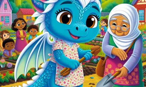 Un dragon mic albastru numit Puf, cu solzi strălucitori și aripi mari translucide, stă în centrul unei grădini comunitare colorate, zâmbind cu entuziasm în timp ce plantează semințe în pământul fertil. Lângă el, o bătrână cu fața blândă, cu părul argintiu și un sort înflorat, numită mătușa Sofia, îl observă cu ochii strălucind de bucurie, ținând o mică lopată din lemn. În fundal, copii din diferite medii, îmbrăcați colorat, se ocupă cu veselie, udând plantele și râzând împreună. Scena se desfășoară într-un sat pitorești, înconjurat de coline verzi și flori strălucitoare, sub un cer albastru presărat cu nori albi pufoși. Situația principală arată cum Puf și prietenii săi sunt uniți într-un efort colectiv pentru a crea o grădină frumoasă, simbolizând speranța și solidaritatea în fața sărăciei.