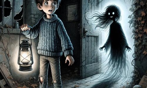 Un băiat de 12 ani, Alex, stă în centrul scenei, cu ochii strălucind de curiozitate și un ușor tremur de frică pe față. Are părul castaniu dezordonat, un pulover albastru uzat și o pereche de blugi rupti, ținând în mână o lanternă veche care îi luminează calea în întuneric. Aproape de el, o umbră misterioasă, reprezentând o siluetă translucidă a unei fete de aproximativ 10 ani, plutește în aer, cu părul lung fluturând ca niște filamente de ceață. Ea îl privește pe Alex cu un zâmbet blând, ca și cum ar dori să-l încurajeze să înainteze. Decorul este o veche casă abandonată, cu pereți acoperiți de iederă și feronerie spartă, lăsând să pătrundă raze de lumină palidă. Podeaua este acoperită cu frunze moarte și moloz, iar o ușă întredeschisă duce într-o cameră întunecată unde umbrele dansează pe pereți. Situația principală îl arată pe Alex, ezitant dar hotărât, pregătit să intre în casa bântuită pentru a descoperi secretele ascunse în interior, în timp ce silueta fetei pare să-l invite să-și continue aventura.