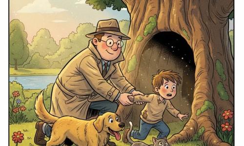 Ein rundgesichtig lächelnder, konzentrierter Detektiv im etwas zerknitterten beigen Trenchcoat, mit tief sitzendem Fedora und runden Brillengläsern, kniet und hilft einem etwa achtjährigen, braunhaarigen, etwas schmutzigen Jungen aus einem dunklen Tunnel; der Junge hält die Hand des Detektivs und blickt staunend und erleichtert ins Tageslicht. Ein mittelgroßer, goldener Hund mit staubigem Maul steht freudig neben ihnen, ein kleines graues Kätzchen schleicht vornweg und zeigt den Weg. Ort: Park in der Dämmerung mit altem, moosbedecktem Baum, Tunnelöffnung an der Wurzel vom Sonnenlicht durchflutet, grüne Wiese, bunte Blumen und verschwommener See im Hintergrund; Szene zeigt triumphales Heraustreten ins Licht, funkelnder Staub in der Luft, warme Gefühle, zentrale Komposition, sanfte Palette und zarte Kontraste im kindlichen Comicstil.