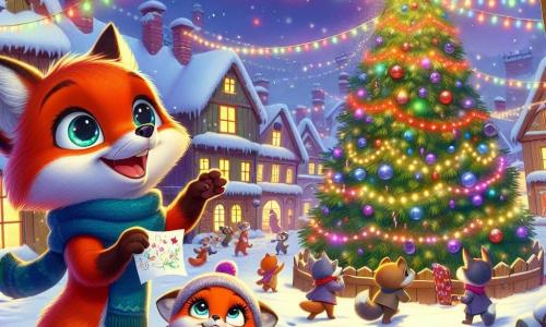 Renard, un zorro curioso con ojos brillantes y un pelaje rojo brillante, se encuentra en el centro de la escena, sonriendo con asombro mientras admira un gran árbol de Navidad decorado con guirnaldas de colores y luces centelleantes. A su lado, su hermana Lila, una pequeña zorra con un pelaje suave y una bufanda azul, salta de alegría, sus ojos brillando de felicidad, sosteniendo un papel en el que ha escrito su deseo para el nuevo año. La escena tiene lugar en la encantadora aldea de Nievecita, donde la nieve cubre el suelo como una alfombra blanca y luces multicolores iluminan las casas de madera con techos nevados. Los animales del pueblo se reúnen alrededor del árbol, creando una atmósfera festiva llena de risas y canciones. Renard y Lila están colgando sus deseos en el árbol, rodeados de sus amigos animales, mientras fuegos artificiales estallan en el cielo nocturno, iluminando sus rostros maravillados.