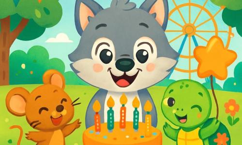 Un pequeño lobo llamado Lucas, con un suave pelaje gris y ojos brillantes de alegría, está en el centro de la escena, sonriendo ampliamente con un gran pastel de cumpleaños frente a él, decorado con velas de colores. A su derecha, una adorable ratoncita, con pelaje marrón claro y orejas redondas, baila alegremente, sus ojos brillando de felicidad. A su izquierda, una encantadora tortuguita con un caparazón verde adornado con flores, guiña un ojo mientras sostiene un globo en forma de estrella, mostrando una sonrisa cómplice. El lugar es un parque vibrante de colores, con árboles de hojas verdes brillantes, flores multicolores esparcidas sobre la hierba, y una gran rueda de la fortuna girando lentamente de fondo, iluminada por guirnaldas de luces centelleantes. La situación principal muestra a Lucas rodeado de sus amigos animales, todos celebrando su cumpleaños con risas, cantos y estallidos de alegría, creando una atmósfera festiva y mágica.