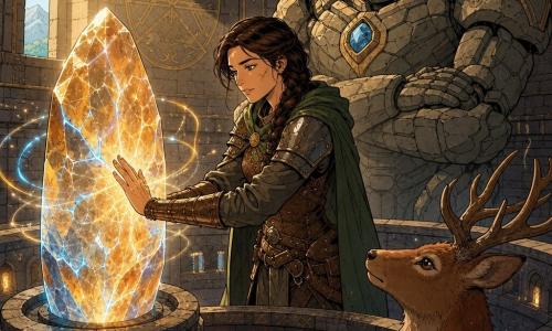Elara, mulher de ~30 anos, rosto determinado e sereno, cabelo castanho em trança, cicatriz fina na bochecha esquerda, armadura leve de couro e metal envelhecido, capa verde amarrotada, em pé com a mão direita sobre um grande cristal luminoso, corpo levemente inclinado à frente e expressão concentrada e suave; atrás dela, a poucos passos, o Guardião de Pedra, gigantesco golem de pedra com olhos de gema brilhante e braços massivos cruzados; mais abaixo, à beira de um feixe de luz, um cervo selvagem de pelagem ruiva olha para Elara; no topo de uma torre antiga, sala circular de pedra fria com paredes gravadas em dourado e um espiral escuro visível ao fundo, poeira suspensa nos raios de luz; o cristal central pulsa como um coração, ondas de luz âmbar e azul se espalham, fissuras luminosas percorrem a pedra, atmosfera mágica e solene, tensão tranquila — a torre desperta.