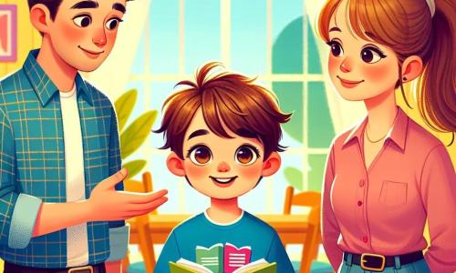 Um menino de 8 anos, chamado Pedro, está no centro da cena, com cabelos castanhos bagunçados e olhos brilhantes de curiosidade. Ele veste uma camiseta azul com um desenho de livro e um short bege, exibindo um sorriso caloroso enquanto segura um livro aberto à sua frente. À sua direita, sua mãe, uma mulher de cerca de 35 anos, tem cabelos longos e castanhos presos em um rabo de cavalo. Ela usa uma blusa rosa e jeans, olhando para o filho com ternura, pronta para ouvir. À sua esquerda, seu pai, um homem de aproximadamente 37 anos, com cabelos curtos e uma barba leve, veste uma camisa xadrez e calças pretas. Ele tem uma expressão atenta, inclinando-se levemente em direção a Pedro, demonstrando seu interesse. A cena ocorre em uma cozinha iluminada e acolhedora, com paredes amarelas e uma grande mesa de madeira no centro, cercada por cadeiras coloridas. Raios de sol filtram através de uma janela, iluminando desenhos de crianças pendurados na parede. Pedro propõe um jogo de comunicação, segurando o livro como um símbolo de sua discussão. Os pais o escutam atentamente, criando uma atmosfera calorosa e cheia de amor, onde cada um está pronto para compartilhar seus pensamentos e sentimentos.