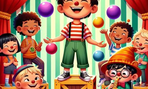 No centro da imagem, Pedro, um garoto de 10 anos com cabelos castanhos bagunçados e um grande sorriso, está malabarizando com bolas coloridas, os braços levantados, sob os aplausos do público. À sua direita, Joaquim, um garoto de 9 anos em cadeira de rodas, usa um chapéu de palhaço e ri alto, segurando uma pequena medalha de plástico ao redor do pescoço. À esquerda, Léo, um garoto de 8 anos com óculos e cabelos loiros, observa maravilhado, com os olhos arregalados, enquanto segura um grande hula hoop. Por fim, Felipe, um garoto de 9 anos com cabelos negros e uma expressão calma, toca gaita, sentado em uma caixa de madeira, trazendo uma suave melodia à cena. O cenário é um circo vibrante, com uma grande tenda listrada de vermelho e amarelo ao fundo, iluminada por cordões de luzes cintilantes. Balões coloridos flutuam no ar, e espectadores alegres se reúnem ao redor, aplaudindo e rindo. A situação principal mostra Pedro, o malabarista, em plena ação, tentando entreter o público, enquanto Joaquim e seus amigos o incentivam com entusiasmo, criando uma atmosfera de alegria e camaradagem no coração do circo.