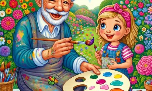 Starszy mężczyzna o imieniu Artur, z siwymi włosami i szerokim, ciepłym uśmiechem, nosi stary, niebieski fartuch poplamiony farbą. Siedzi w swoim ogrodzie, otoczony jasnymi kwiatami, trzymając w jednej ręce magiczny pędzel, a w drugiej paletę żywych kolorów, z radosnym i zainspirowanym wyrazem twarzy. Obok niego stoi 7-letnia dziewczynka Zosia, z różową opaską na włosach i dużymi, ciekawymi oczami, trzymając pędzel i białą kartkę, z podziwem patrząc na Artura. Ogród jest pełen kolorowych kwiatów, puszek z farbą i jasnoniebieskiego nieba, tworząc radosną i kreatywną atmosferę. Główna sytuacja pokazuje Artura, który uczy Zosię, jak malować, podczas gdy przygotowują się do stworzenia wspólnego magicznego obrazu pełnego kolorów i wyobraźni.